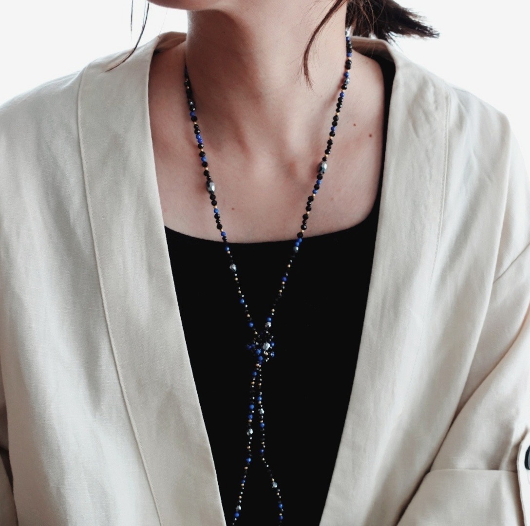 ラピスラズリとブラックのロングネックレス 100cm サージカルステンレス